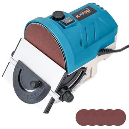 KATSU Tools 140W Mini Disc Sander 125mm | Electric Sander Grinding Machine for Woodworking, Polishing | Adjustable Speed, Aluminum Titling Worktable, Sandpapers Included