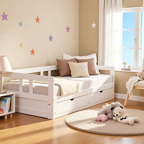 Melody Twin to King Extendable Daybed with Trundle and Storage Drawers – Solid Pine Wood Kids Bed Frame with Headboard – Guest Bed for Boys, Girls, Toddlers, or Teens by Alaterre Furniture (White)