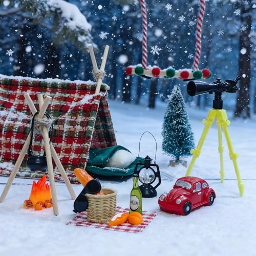 Miniatur Wichtel Zubehör Weihnachten, Camping Geschenke with, Mini Lagerfeuer Krippe, Weihnachtsbaum, Schaukel, Schlafsack, Zelt und Miniaturen Simulationsteleskop, für Camper Männer und Mädchen