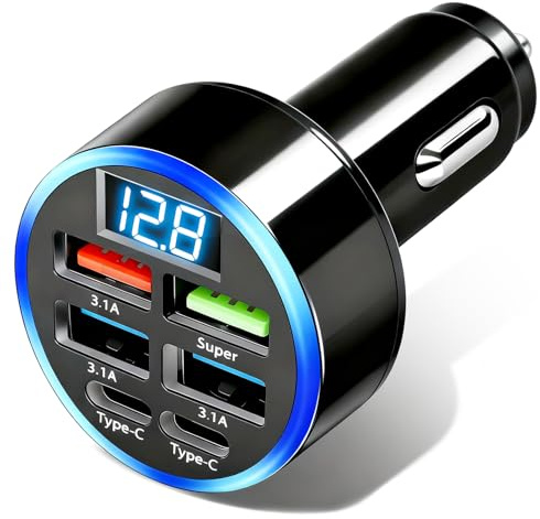 Cargador Coche Carga Rápida,50W 6 Puertos Cargador Mechero Coche USB-C y USB-A Adaptador Mechero 12V-24V con Pantalla LED Voltaje Compatible con iPhone 17 16 15 14 13 12 Samsung Xiaomi