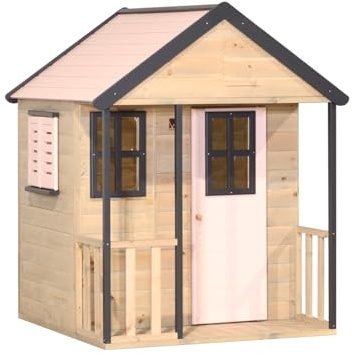 Wendi Toys Casita Infantil de Madera para Jardín, Caseta Exterior con Balcón, Puerta, Persiana y Suelo, Resistente a la Intemperie, 120×120×155 cm, Rosa Pastel – M46PP