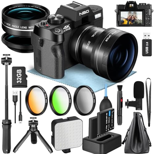 NBD Appareil Photo Numérique 8K 64MP: *​Kit 16-en-1​* avec Autofocus, Écran Orientable 180°, Zoom 16X, WiFi, Carte 64GB + 2 Batteries (Noir)