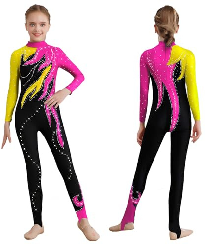 Kaerm Kids Girls Gymnastics Bodysuit Full Body Unitards Color Block Dance Jumpsuit One Piece Catsuit Yellow&Hot Pink 9-10 Years