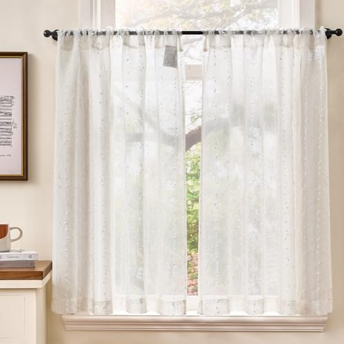 TOPICK Skivgardiner uppsättning av 2 bistrogardiner med prickar linne lantlig stil boho kort gardin halvtransparent, H 90 x B 90 (cm) linneutseende gardiner med dragsko köksgardin vardagsrum vit