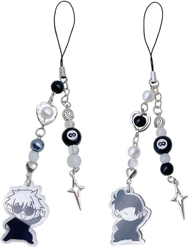 SDFWGG Colgante Teléfono Móvil Anime Estilo Japonés Correa Decorativa Acrílico Estrella Perla Adorno Cuerda Celular Negro Blanco
