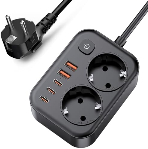 Regleta Enchufes 7-en-1 con USB-C Carga Rápida y Protección Sobretensión, 2 Enchufes con Interruptor y 5 Puertos USB(3 USB-C&2 USB-A) Cable Alargador 2M, para Casa, Oficina y Viajes