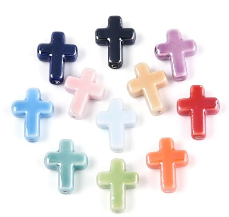 FASHEWELRY 50 cuentas de porcelana con forma de cruz perlada, colores surtidos, hechas a mano, cuentas de cerámica de crucifijo para manualidades, pulseras, llaveros, bisutería, manualidades