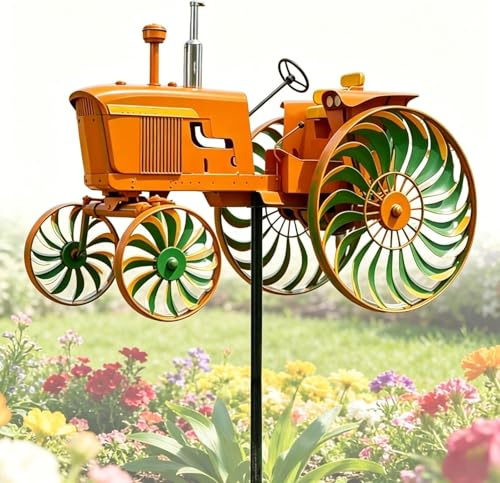 3D Garden Wind Spinner, Tractor Wind Spinner, Green Tractor Windmill Stake with Rotating Wheels, for Front Yard Patio Porch Backyard Lawn Flower Bed Holiday (3D Orange)