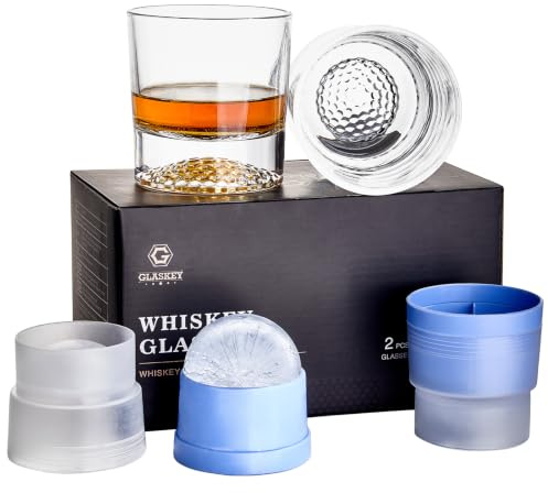 GLASKEY Golf Whiskey Glasses Set of 2,Whisky Glasses Gift Set with Ice Ball Moulds,479g Heavy Weighted Whisky Tumbler for Scotch, Bourbon, Gin, Rum,300ml Golf Whiskey Gift for Men