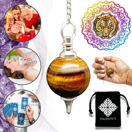 Péndulo Adivinación Profesional OJO DE TIGRE – Pendulo Divinatorio Universal de Radiestesia de Piedra Natural, Gota de Agua con Metal – Para Zahorí, Clarividencia, Feng-Shui, Tarot, Esoterismo