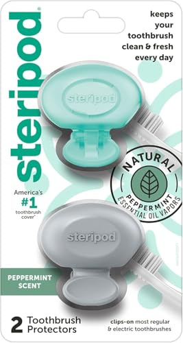 Steripod Protezione per spazzolino da denti con oli essenziali di menta piperita, mantiene lo spazzolino fresco e pulito, si adatta alla maggior parte degli spazzolini manuali ed elettrici, 2 conteggi