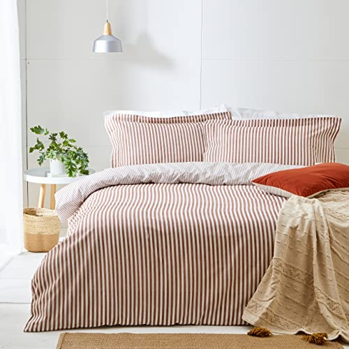 furn. Yard Hebden 100% Cotton Stripe Duvet Cover Set – Reversible Striped Bedding (Pecan, Double)