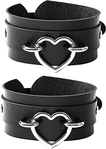 Manfnee 2er Pack Punk Gothic Armband für Herren Damen Leder Herz Metall Nieten Manschette Breites Armband Schwarz