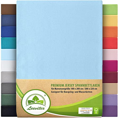 Premium Spannbettlaken, extra schwer und dick, 97% Mako-Jersey-Baumwolle und 3% Elasthan, auch Boxspringbett geeignet, 180-200 x 200-220 cm, Hellblau/Himmelblau