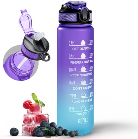 Active 100 1L Water Bottle with Straw, Motivational Time Marking | Dishwasher Safe | Leak-Proof | BPA-Free Drinks Bottle for Fitness, Work, Travel & Outdoor Use