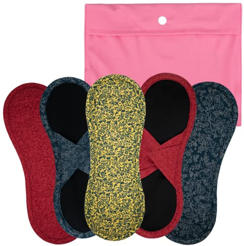 Bamboolik|Waschbare Stoffbinde | Satin & Bio-Baumwolle | Klettverschluss|5er-Set - 2x Dunkelblau, 2x Rot, 1x Gelb + XS Wetbag Rosa|wiederverwendbar|MADE IN EU|Stoffslipeinlagen Ausfluss|Stoffbinden