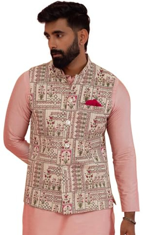 KISAH Men's White & Pink Printed Cotton Nehru Jacket- Traditional Indian Waistcoat for Weddings & Festive Occasions