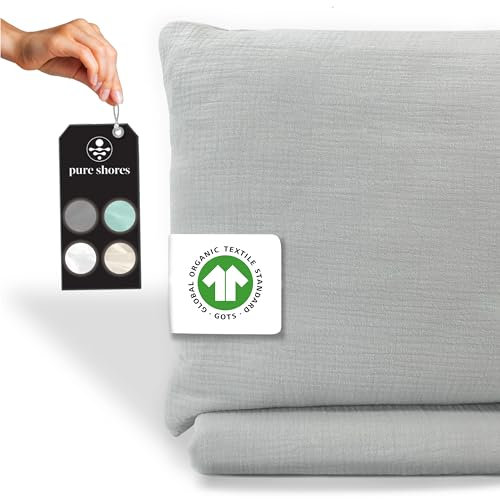 pure shores - Musselin Bettwäsche 135x200 | Bettwäsche 135x200 Baumwolle | Bettwäsche-Sets | 100% Bio mit GOTS | Reißverschluss | Bettwaren | Bedding Set | 2 Kissen 80x40 | Hellgrau