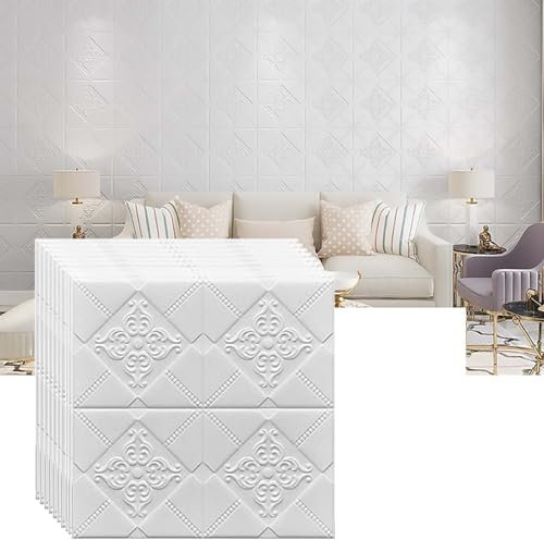 HAILM 3D-Wandpaneele 70x70cm, Selbstklebende Peel und Stick, Schaum Blume Strukturierte Tapete, für Schlafzimmer, Küche, Kamin, 12 Pieces (63,3 Sq. Ft. Abdeckung),Weiß
