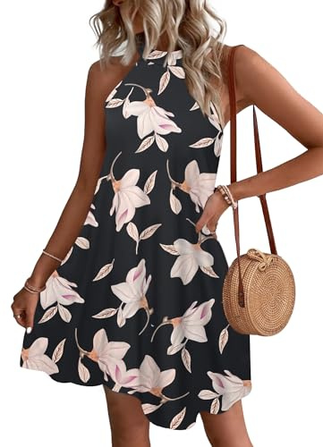 WNEEDU Womens Summer Beach Dress Mini Cover ups Halter Neck Casual Dresses Sundress with Pockets Morning Glory L