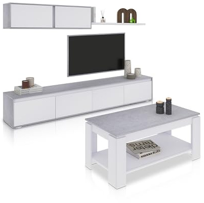 duehome | Pack de Salon con Modulo TV + Mesa de Centro Elevable, Conjunto de Salon, Modelo Arlet Plus V1, Acabado en Blanco Artik y Cemento