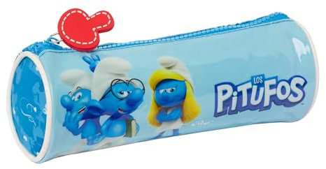 SAFTA LOS Pitufos - Estuche Redondo Escolar, Estuche Infantil, Estuche Niño, Ideal para Niños de 5 a 14 Años, Cómodo y Versátil, Calidad y Resistencia, 20x7 cm, Color Celeste/Azul