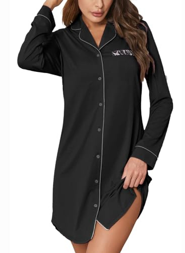 Rayson Camisones para Mujer Satén Ropa de Dormir de con Botones y Bolsillos Laterales Camisón de Cuello en V Manga Larga Ropa de Dormir Suave(Negro,M)