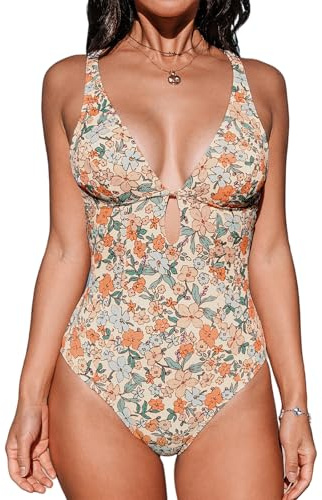 CUPSHE Traje de baño de una pieza para mujer, cuello en V profundo, abertura en forma de ojo de cerradura, anillo en O, traje de baño texturizado, S