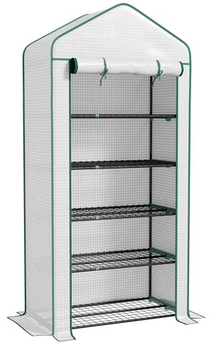 Outsunny Serre de Jardin PE avec étagères 5 Niveaux, Serre de Balcon, bâche renforcée 135 g/m², châssis en Acier, Porte zippée Enroulable, pour légumes Plantes Fleurs, 90x49x193cm, Blanc