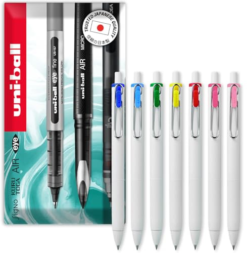 uni-ball UMN-S-05 infällbar gelbläck-kulspetspennor – 0,5 mm spetsspets – vitt fat – färgat bläck – paket med 7 – presentförpackning i kuvert
