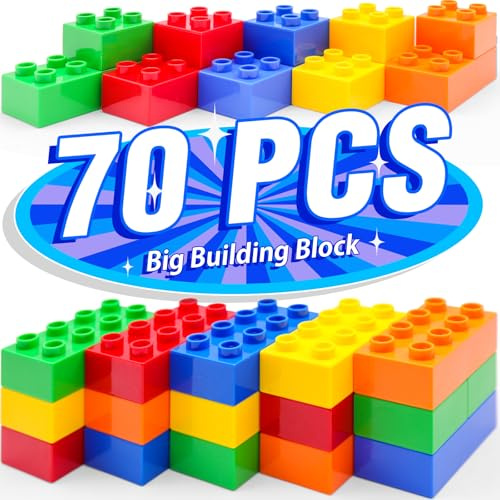 WYSWYG 70 Pcs Jumbo Building Blocks Set (2x2 & 2x4 Bricks) | Large Construction Toys Compatible with Leading Brands | Educational STEM Toddler Gift Ages 2-6