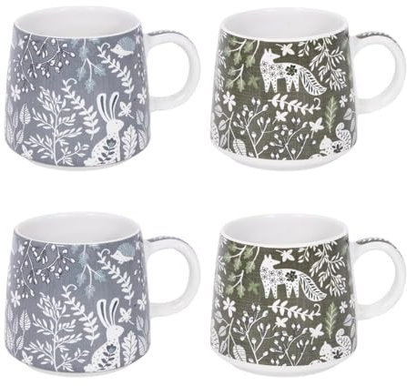 Set of 4 Woodland Stoneware Coffee Mugs Afternoon Tea Cups Home Kitchen Mug Set Floral Blue Green Forest