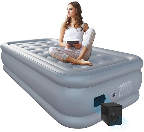 HikerSKY Luftbett 2 Personen, mit batteriebetriebener Pumpe, Luftbett selbstaufblasend in 3 Min, Gästebett & Campingbett, Stoffoberfläche, Grau, 202x153x54cm 08-Q22GY