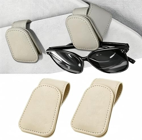 halercay 2 Soportes para Gafas de Coche para Parasol, Portagafas Magnético de Cuero, Clip para Tarjetas de Billetes y Ticket, Soporte para Gafas de Sol para Coche(Arroz Blanco)