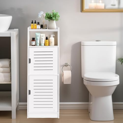 Pinkgarden Supporto porta carta igienica, armadietto da bagno con ante e ripiani, armadio sottile per piccoli spazi, 74x24x19,9 cm