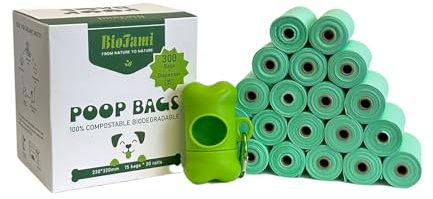BIOFAMI Bolsas basuras Caca Perro Biodegradables, 300 Bolsas con dispensador, Materiales Compostables a base de Almidón de maíz, Sin fragancia, Certificación EU EN13432 OK Compost Home