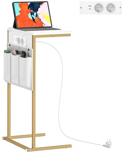 HOMCOM Tavolino Salotto con Prese di Corrente e USB integrate, Tavolino a Forma di C per Letto e Divano con Stazione di Ricarica e Tasche Portaoggetti, Tavolino da Soggiorno Effetto Marmo, Bianco