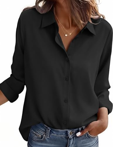Zeagoo blus dam business strykfria blusar långärmad krage skjorta blus enfärgad button down skjortor elegant arbetstoppar skrynkelfri skjorta, svart, L
