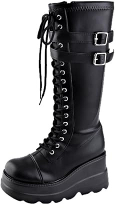 Botas de mujer de piel sintética, color negro, punk, motero, de piel sintética, planas, botas altas con plataforma, botas altas a la rodilla con hebilla de cinturón, botas con cordones, botas lisas