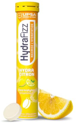 UPSA Hydrafizz Hydra Citron - Hydratation - Électrolytes & Vitamine C - Goût Citron - 16 Comprimés Effervescents - Fabriqué en France - Complément Alimentaire