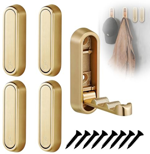klahh 4-Pack Gold Coat Hooks Wall Mounted, Foldable Wall Hook Duty Zinc Alloy Flip Down for Hanging Coat Bag Towel Key, Space Saving Folding Coat Hooks for Bathroom Kitchen Hallway Door