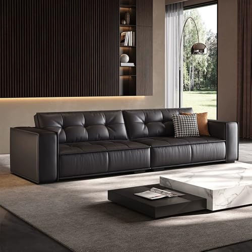 Italiensk modern minimalistisk svart lädersoffa, massiv träram, rymlig och mjuk soffa, modern stor storlek, lämplig för vardagsrum/kontor/lägenhet/hotell.
