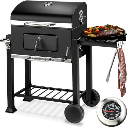 tectake® Barbecue & Grill XL with Integrated Thermometer, Lid, Folding Shelf, Bottle Opener & Warming Rack - Portable, Outdoor BBQ for Home, Garden & Camping - Stainless Steel & Chrome - Deluxe