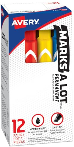 Avery Marks-A-Lot Permanent Markers, Large Desk-Style Size, Chisel Tip, Water and Wear Resistant, 12 Assorted Markers (24800)