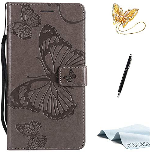 TOUCASA Huawei Mate 10 Lite mobilskal, Huawei Mate 10 Lite fodral, plånbok flip PU läder läderfodral fodral kortfack 3D fjäril 3D fjäril präglad teknik för Huawei Mate 10 Lite (grå)