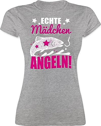 Shirt Damen - Hobby Outfit - Echte Mädchen Angeln Fisch - XL - Grau meliert - angelshirts angelbekleidung Angler Funshirts für Frauen Tshirt Frau Angel Tshirts Fischerei t-Shirt fischen tailliert