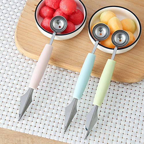BOBOZHONG 3PCS multifunktionale Fruchtkugelschaufel,2-teilige Doppelkugel-Fruchtkugel-Schnitzlöffel, Fruchtschäler-Melonenschaufel mit, für DIY-Obstsalate