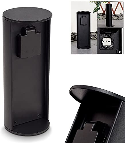 Steckdosensäule Stewart, zylindrische Säule aus Metall in schwarz, 1-fach Steckdose mit einer Höhe von 25,5 cm, Gartensteckdose mit Klappdeckel, IP44, 16A/250V Anschluss