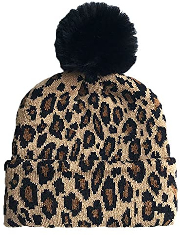 NC Leopard barn pom-mössa hattar unisex barn mössa hatt keps barn vinter stickade mössor mössa päls boll pom pom mössa varm vintermössa leopard stickad mössa