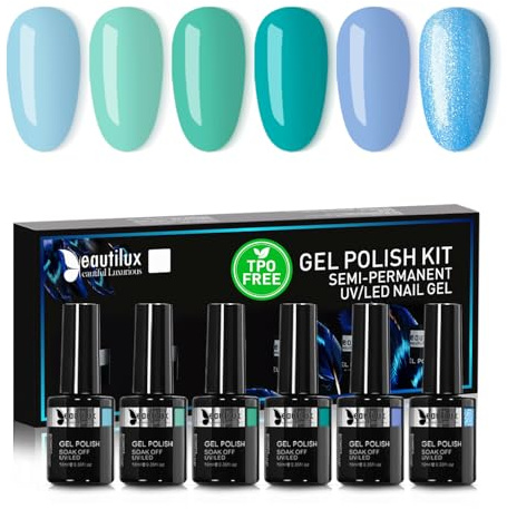 Beautilux Gel Nagellack Semipermanent TPO&HEMA Frei Blau, 6 Farben 10ml Soak Off HEMA-FREE Hellblaue Gel Nagellack Set für Home-Maniküre Nail Art Maniküre (YT-14)
